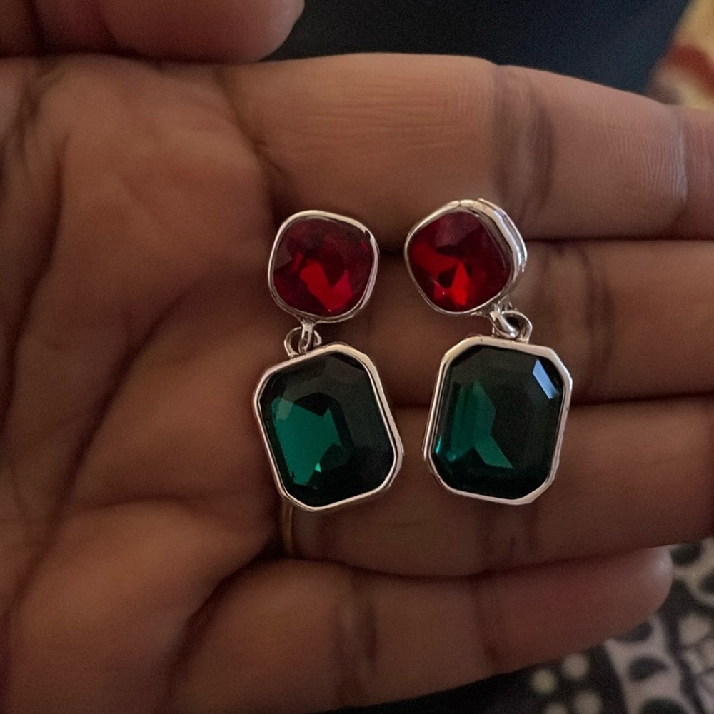 Red and Green Dangling Diamond Earrings